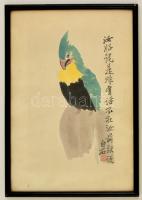 Papagáj, távol-keleti festmény, akvarell, papír, jelzett, üvegezett fa keretben,27×17,5 cm