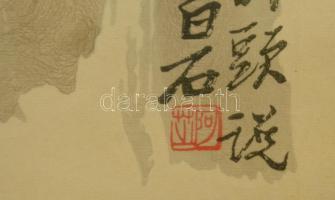 Papagáj, távol-keleti festmény, akvarell, papír, jelzett, üvegezett fa keretben,27×17,5 cm