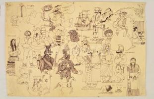 Olvashatatlan jelzéssel: Debreceni életképek, humoros grafika, tus, papír, felcsavarva, 43×61 cm
