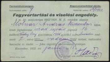 1922 Fegyvertartási és viselési engedély. Torontál vármegye.