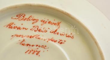 1888 Bedő András porcelánfestő tanonc Cubash mintás csésze és csészealj, apró lepattanással, kézzel ...