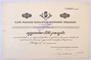 Budapest 1929. "Az Első Magyar Általános Biztosító Társaság" részvénye 100P-ről, szelvényekkel, bélyegzéssel és szárazpecséttel T:II