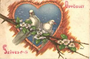 2 db RÉGI magyar Bozó üdvözlőlap / 2 pre-1945 Hungarian greeting art postcards signed by Bozó