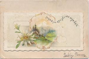 3 db régi kisméretű szecessziós dombornyomott litho üdvözlőlap / 3 pre-1905 Art Nouveau Emb. litho greeting cards