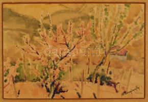 Mednyánszky jelzéssel: Virágzó barackfák, akvarell, papír, paszpartuban, 20×29,5 cm