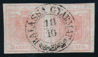 1850 3kr HP I a halványrózsaszín pár, selyempapír, látványosan kiemelt középrész, kis papírránc. Certificate: Steiner, 1850 3kr HP I a light rose pair, highlighted middle part, paper crease