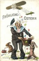 Boldog Húsvéti Ünnepeket! / Fröhliche Ostern / Sretan uskrs / Buona Pasqua / Happy Easter! Austro-Hungarian Navy K.u.K. Kriegsmarine mariner art postcard, rabbits, humor. G. Costalunga 1913. s: Ed Dworak (Rb)