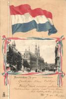 1902 Amsterdam, Postkantoor / Post office, street view. Dutch flag litho frame (EK)