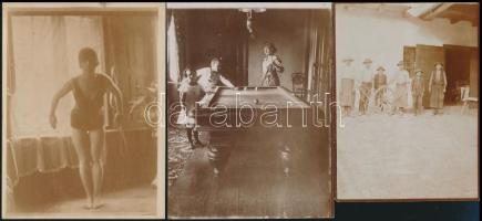 cca 1880-1910 Vegyes fotó tétel: mosónő tóparton, evezés a Dunán, tanyasi gyerekek, somoskőújfalui b...