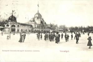 Budapest XIV. Városliget, Budapesti korcsolyázó egylet korcsolya csarnoka, jégkorcsolyázók télen. Divald Károly kiadása (r)