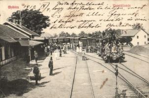 1912 Mohács, Vasútállomás feldíszített ünnepi gőzmozdonnyal. Bein és Weizer kiadása / railway station with decorated locomotive (kis szakadás / small tear)