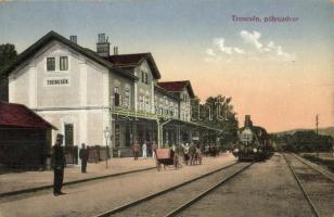 1916 Trencsén, Trencín; vasútállomás, gőzmozdony / Bahnhof / railway station, locomotive (EK)