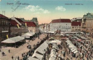 Zagreb, Agram, Zágráb; Jelacic tér, piac árusokkal, bódék, Dr. Eugen Rado fogorvos, Spitzer üzlete / Jelacic trg / square, market with vendors, booths, dentist, shops (EK)