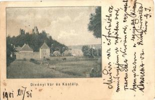 1901 Divény, Diwein, Divín; Balassa Imre várkastélya a Várhegy tövében / castles (apró lyukak / small pinholes)