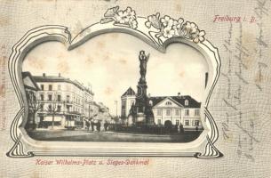 1902 Freiburg im Breisgau, Kaiser Wilhelms-Platz, Sieges Denkmal / square, war monument, tram. Art Nouveau