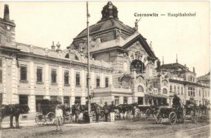 Chernivtsi, Czernowitz, Cernauti; Hauptbahnhof / railway station with chariots