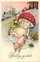 1933 Boldog Új évet! / New Year greeting card, mushroom. Erika Nr. 5015. litho
