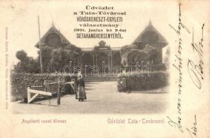 1901 Tatatóváros, Angolkerti vasútállomás. Üdvözlet a Vöröskereszt-Egyleti Választmány Sétahangversenyről. Strausz Jakab kiadása