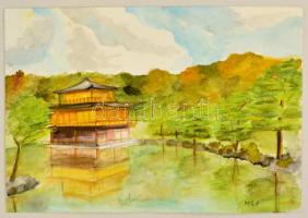 MCP jelzéssel: Pagoda. Akvarell, papír, 28×41 cm