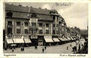 Nagykanizsa, Fő út, Hotel Központi szálloda, 1860-1930 Jubileumi olcsó vásár, Grünfeld Márk üzlete, Kék Csillag divatáruház, kávéház (EK)