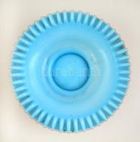 Oszlopos réz csemege kínáló üveg tállal, fém részen kopásnyomok, tál hibátlan, m: 18,5 cm