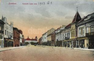 Zombor, Sombor; Kossuth Lajos utca, Messinger és Ofner üzlete, drogéria (gyógyszertár). Kiadja Lugumerszky P. Szvetozár / street view, shops, pharmacy (EK)