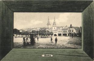1907 Zsolna, Sillein, Zilina; Fő tér, templom, ivókút. Keretes montázslap / main square, church, well. Frame montage (EK)