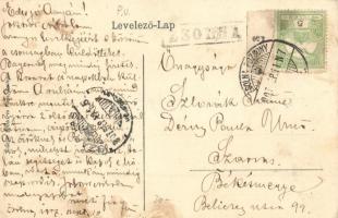 1907 Zsolna, Sillein, Zilina; Fő tér, templom, ivókút. Keretes montázslap / main square, church, wel...