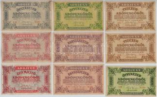 1946. 10.000AP (2x) + 50.000AP (2x) egyik sorszám nélkül + 100.000AP (2x) egyik sorszám nélkül + 500.000AP + 1.000.000AP (2x) egyik sorszám nélkül illetve fordított címerrel T:III