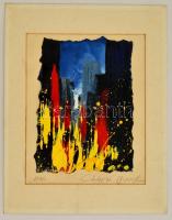 Olvashatatlan jelzéssel: Tüzes metropolisz, olaj, papír, paszpartuban, 25×20 cm