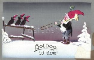 Boldog Újévet! / New Year greeting card, dwarf playing on a trombone (fl)