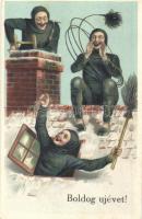 Boldog Újévet! / New Year greeting card, chimney sweepers. litho