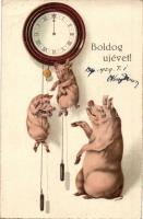 Boldog Újévet! / New Year greeting card, pigs with a clock. litho (EK)