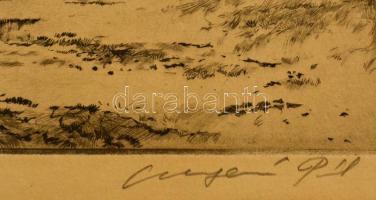 Csergezán Pál (1924-1996): Tanya, rézkarc, papír, jelzett, számozott (100/20), paszpartuban, 20,5×34...