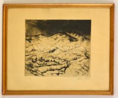 Szőnyi István (1894-1928): Téli táj. Rézkarc, papír, jelzett, üvegezett keretben, 27×31 cm