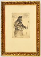Ludwig Michalek (1859-1942): Asszony bottal. Rézkarc, papír, jelzett a karcon, üvegezett keretben, 19×13 cm