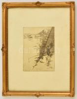 Eugene Bejrot (1867-1931): Szajna part horgásszal. Rézkarc, papír, jelzett a karcon, üvegezett keretben, 18×14 cm