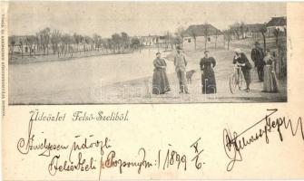 1899 Felsőszeli, Felső-Szeli, Horné Saliby; tér kerékpárossal. Török és Kremszner kiadása / square with man and bicycle (vágott / cut)