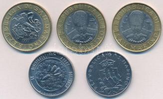 San Marino 1977-1979. 50L acél (2xklf) forgalmi emlékkiadások + 1997-1999. 1000L Cu-Ni-Al-Br (2xklf)...