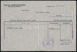 1937 A Magyar Cserkészszövetség Pénzügyi Osztálya által kiállított számla, lopott pénz miatt, Bozó Gyula nevére