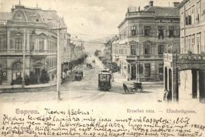 1904 Sopron, Erzsébet utca, villamos, Újhelyi ház. Kiadja Blum N. (EB)