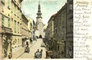 1908 Pozsony, Pressburg, Bratislava; Mihály kapu utca, Ifj. Ignátz Lunzer üzlete / street view, shop (Rb)