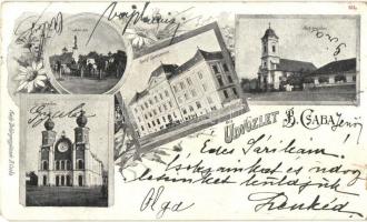 1900 Békéscsaba, Artézi kút, Rudolf gimnázium, Római katolikus templom, Izraelita templom, zsinagóga (EM)