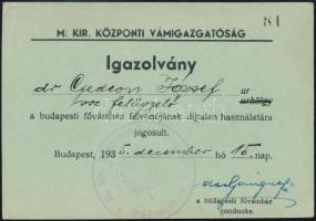 1935 Bp., M. Kir. Vámigazgatóság által kiállított, a budapesti fővámház felvonójának díjtalan használatára jogosító igazolvány