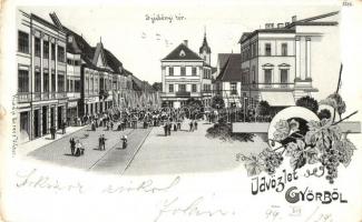 1899 Győr, Széchenyi tér, üzletek, ünnepség, tömeg. Kiadja Berecz Viktor 3588. Art Nouveau, floral, litho (kopott sarkak / worn corners)