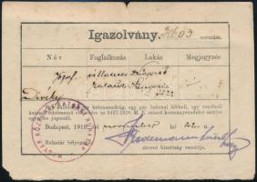1919 Bp., Igazolvány a Magyar Központi Katonai Ruhatár pecsétjével