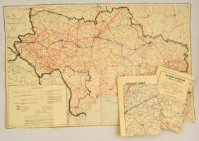 1942 Nyugat (51.) és Kelet Ukrajna (52.) úthálózati térképe, 1:600.000, bejelölésekkel, szakadással, 86x116 cm.+1941-1942 Ukrajna térképe, rajta bejelölések: Az 1941/1942 telén a 108. K. hadosztállyal megtett menet vonallal és szálláshelyekkel, 1:500.000, 59x92 cm.