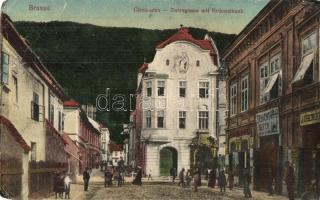 Brassó, Kronstadt, Brasov; Zwirngasse / Cérna utca, J. Obendorfer, Heinrich Zintz üzlete, Schicht szappan bolt, bank/ street view, shops, soap store, bank (EB)