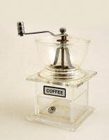 Dekoratív átlátszó fém-plexi kávédaráló, m: 21 cm