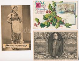 15 db régi motívumlap, közte reklámlapok, üdvözlőlapok, uralkodó, városképes lapok + 7 db kisméretű ...